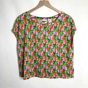 Bouffants & Broken Hearts Pink Flamingo Palm Tree Linen Top Size Medium NWT